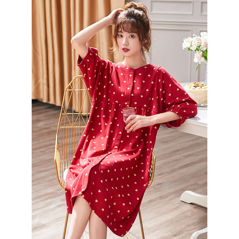 夏季纯棉中袖大红色本命年喜庆睡裙 邦朵睡裙