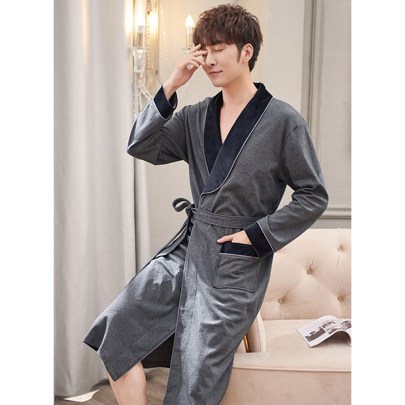 男士睡袍春秋款长袖纯棉加长款晨袍 邦朵睡袍/浴袍