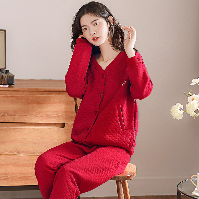 睡衣女春秋款加厚纯棉长袖冬季薄款夹棉红色新婚本命年秋冬家居服,淘宝优惠券,粉丝福利购,淘宝优惠卷