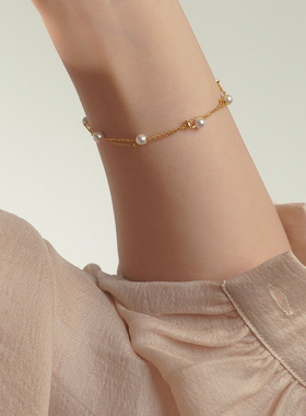 小众设计小珍珠碎金子双层手链