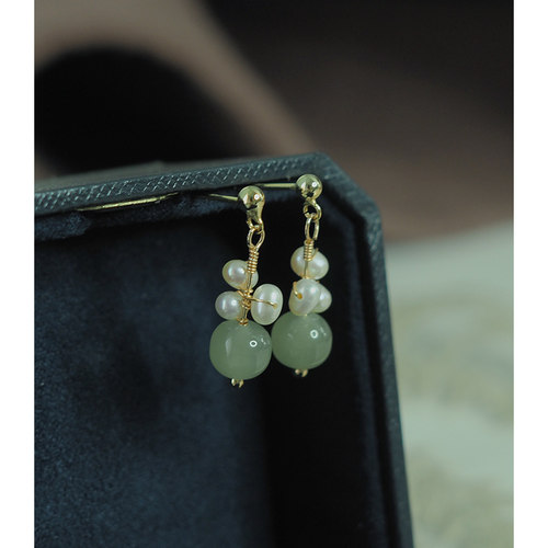 新中式小众和田玉绕珍珠金豆耳钉清新气质耳环古风耳饰轻奢101120 - 图0