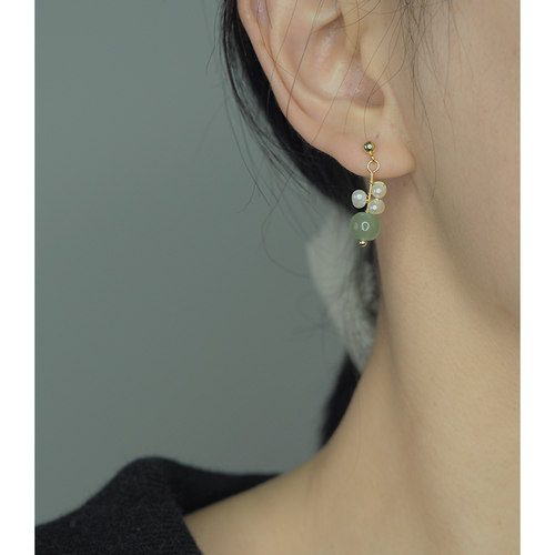 新中式小众和田玉绕珍珠金豆耳钉清新气质耳环古风耳饰轻奢101120 - 图2