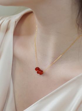 法式优雅红玛瑙平安扣项链925纯银小众复古甜美新中式锁骨链50851