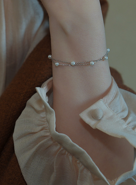 小众时尚简约双层珍珠满天星手链925纯银纤细通勤百搭手串女50347