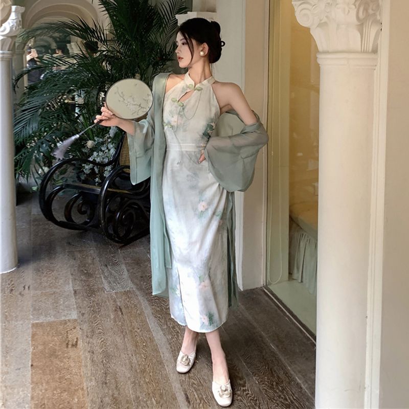 国风新中式改良旗袍小众设计感超仙气质挂脖连衣裙开衫两件套夏季-图1