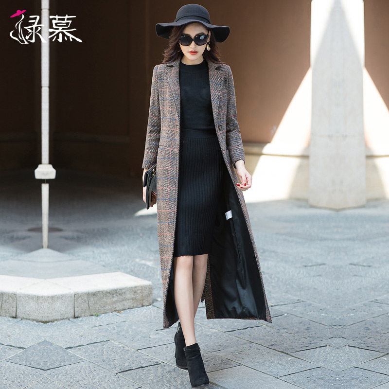 绿慕格子外套2019长款修身 绿慕毛呢外套