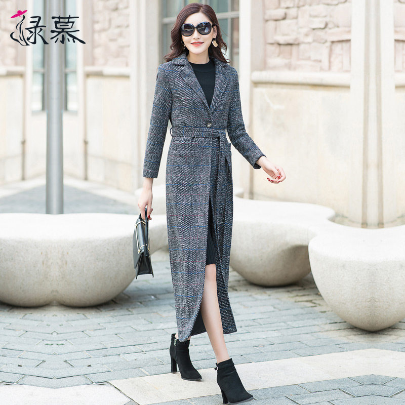 绿慕格子外套2019长款修身 绿慕毛呢外套