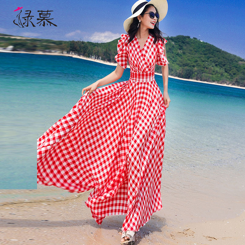 绿慕雪纺女格子2023新款短袖沙滩裙 绿慕连衣裙