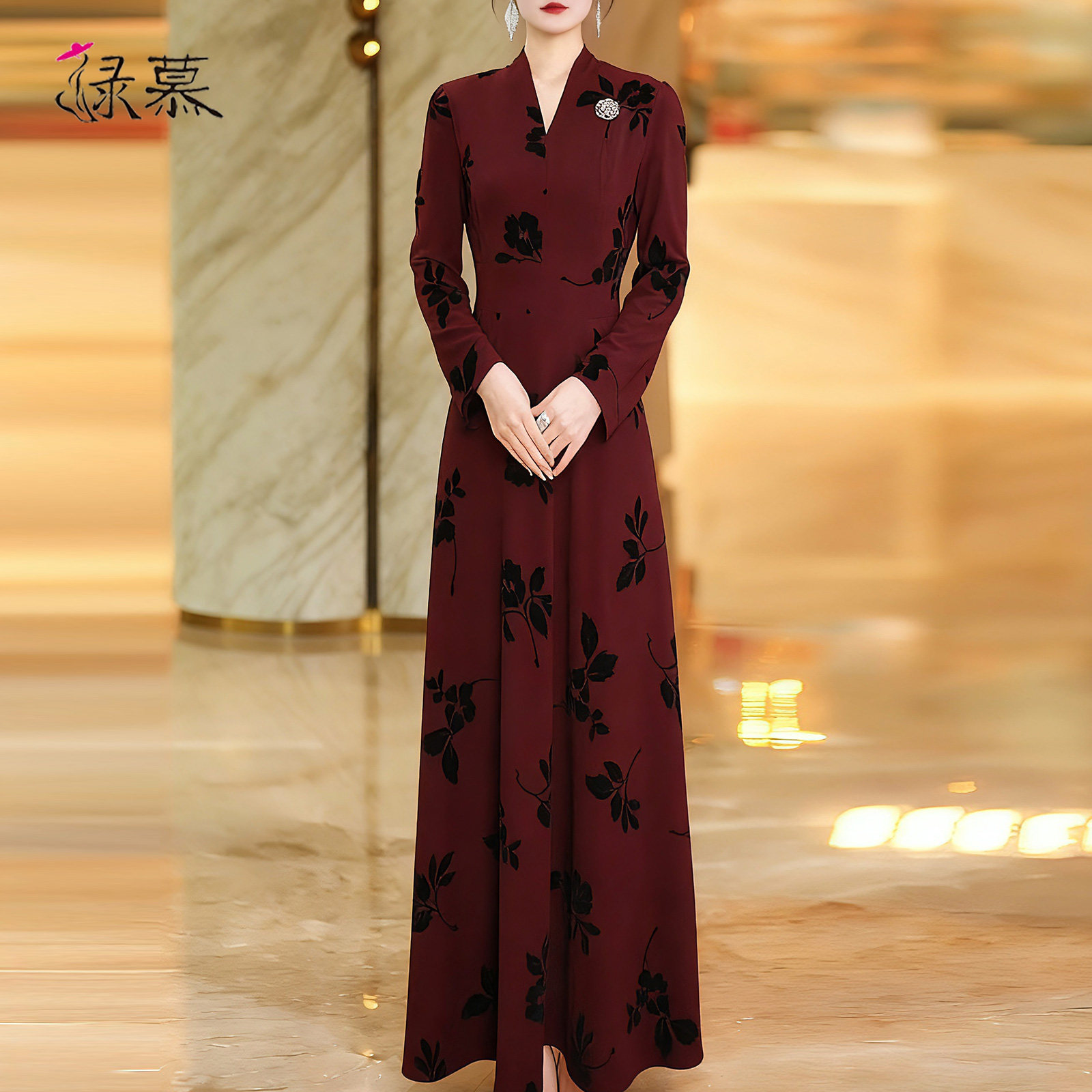 端庄大气长袖连衣裙春秋2025新款高级感酒红色气质显瘦秋冬长裙,淘宝优惠券,粉丝福利购,淘宝优惠卷