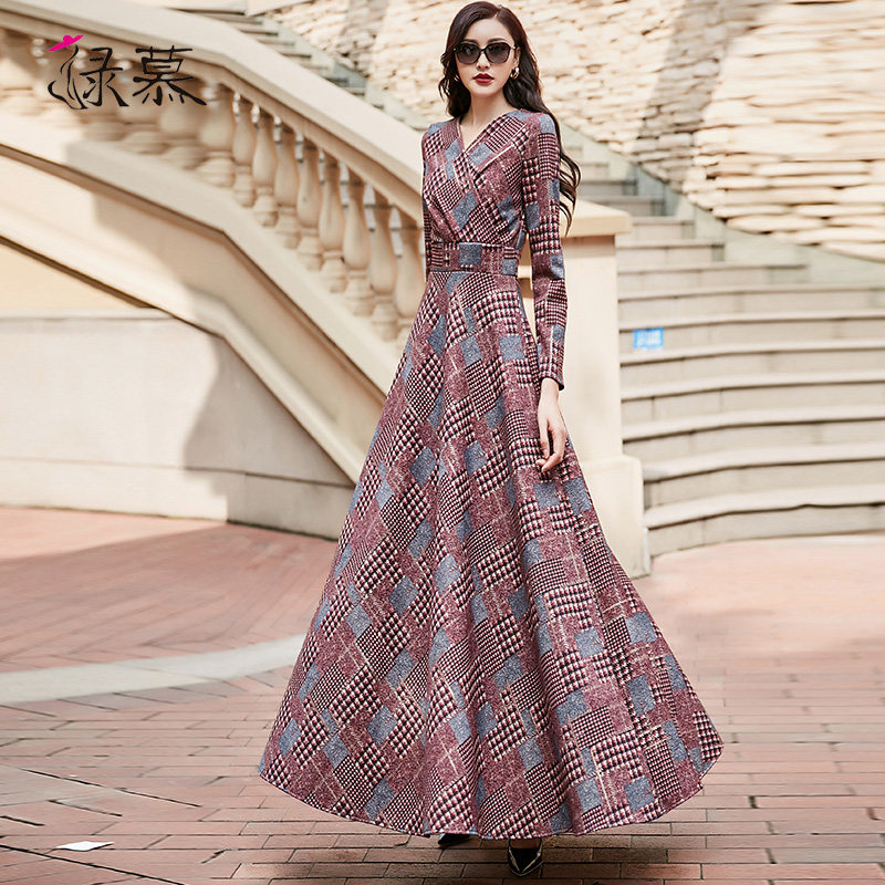 绿慕千鸟格2023春秋季新款连衣裙 绿慕连衣裙