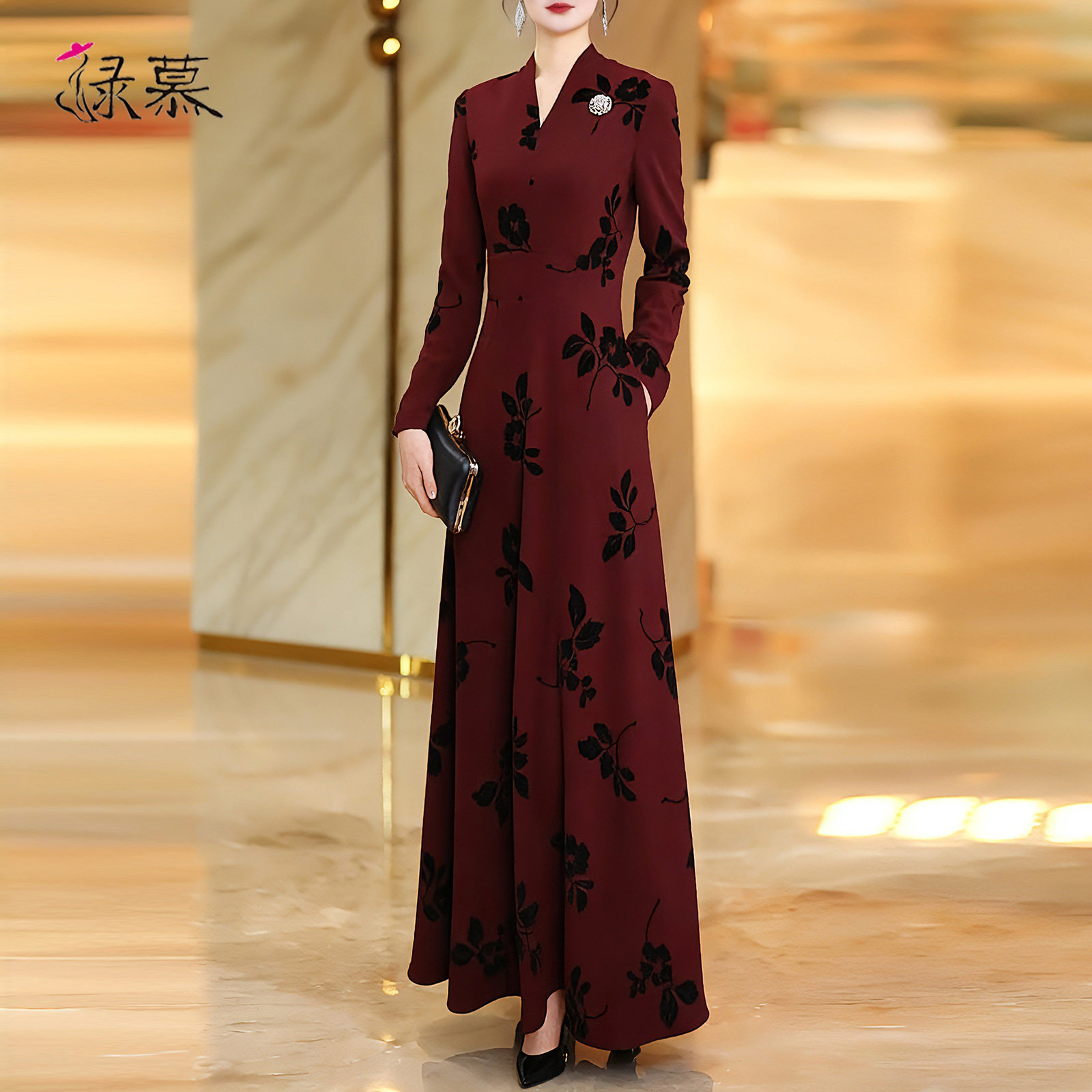 端庄大气长袖连衣裙春秋2025新款高级感酒红色气质显瘦秋冬长裙,淘宝优惠券,粉丝福利购,淘宝优惠卷
