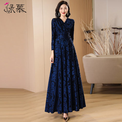 高级感藏蓝色精致提花连衣裙显瘦女2026春春秋新款大摆长裙到脚踝 - 图2