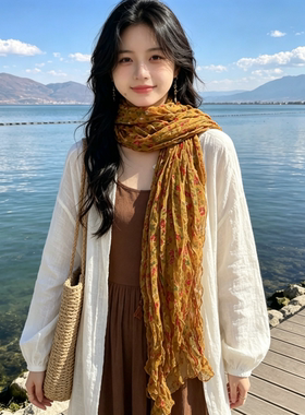森系氛围感褶皱碎花丝巾女文艺复古绿色长条棉麻围巾披肩保暖围脖