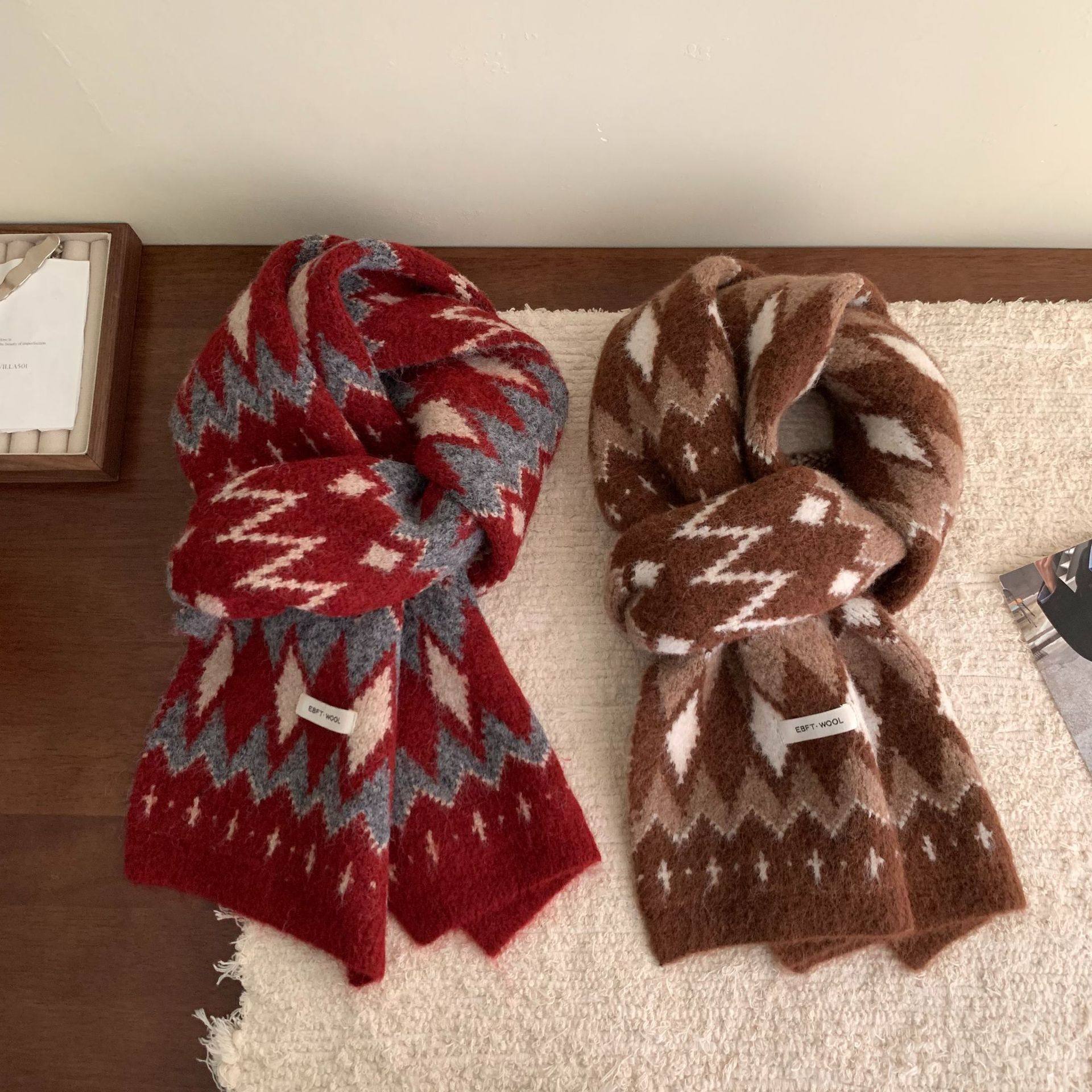 费尔岛风复古红色新年圣诞含羊毛针织围巾女秋冬保暖防寒护颈围脖,淘宝优惠券,粉丝福利购,淘宝优惠卷