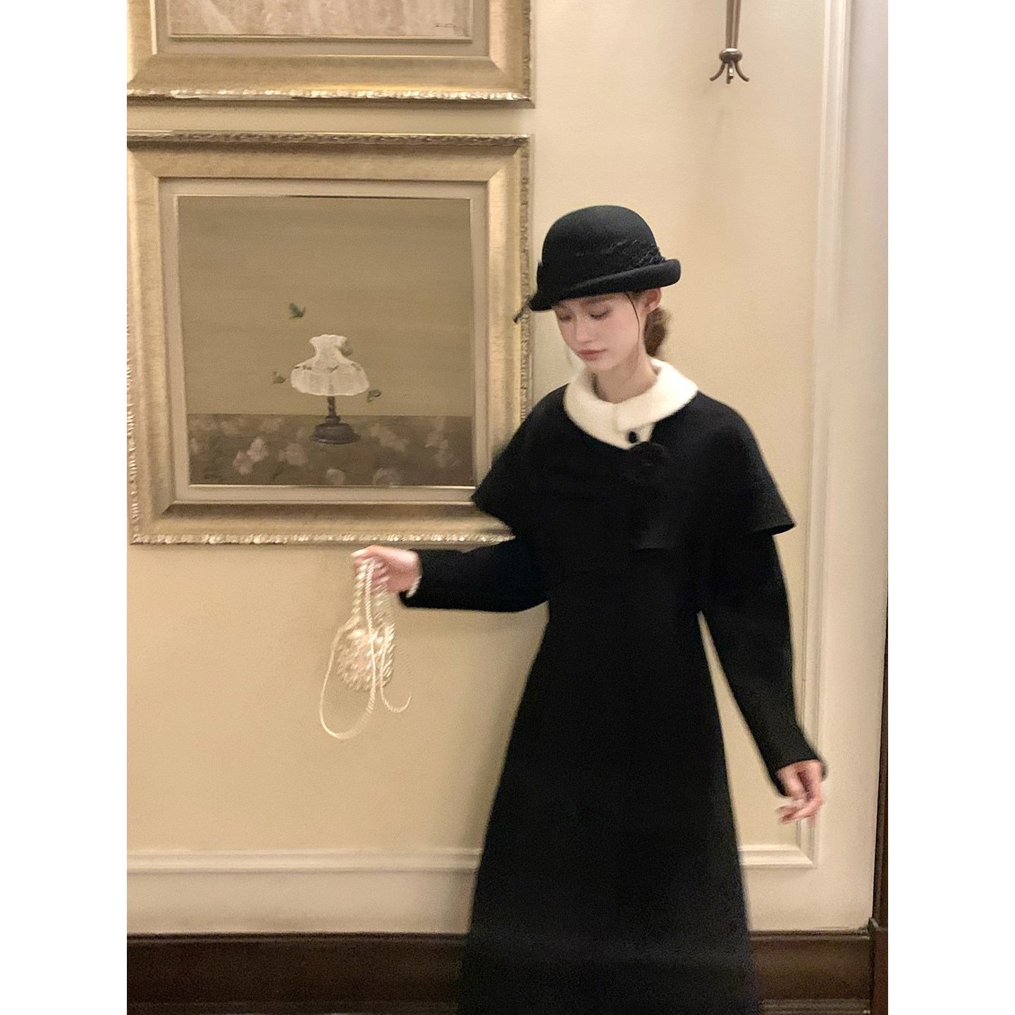 桃可了 墨染画境 复古法式高级感中长款小众披肩羊毛毛呢大衣女冬 - 图3