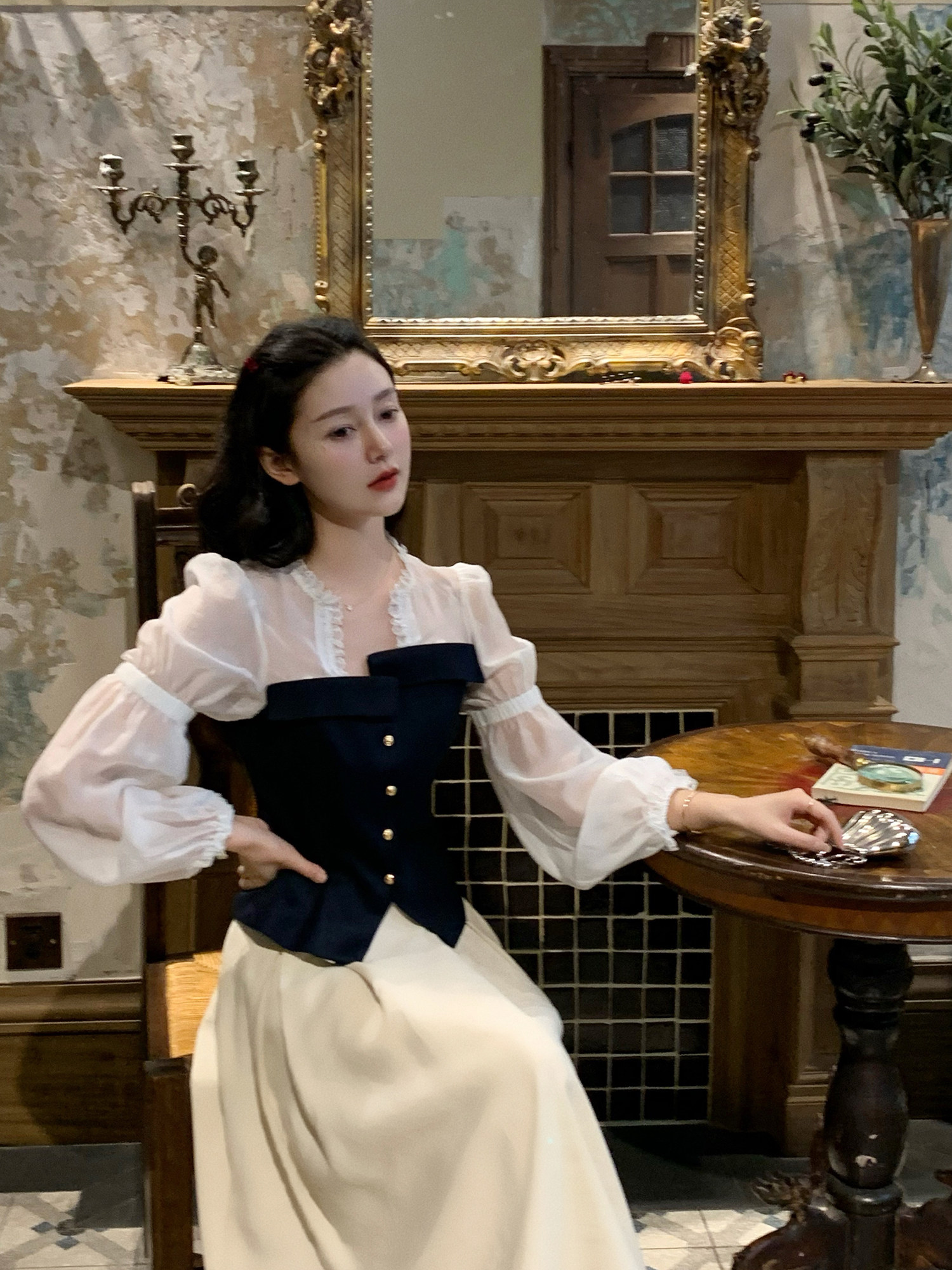 【限时7折】《白茶》长袖腰封拼接衬衫女设计感小众+杏色褶半身裙,淘宝优惠券,粉丝福利购,淘宝优惠卷