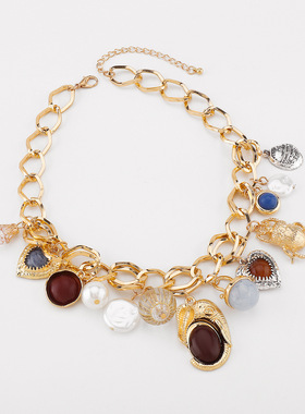 欧美复古几何珍珠宝石耳环项链