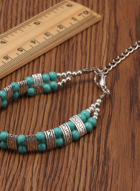 双排绿松石串珠古银几何雕花手链