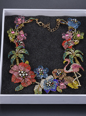 花朵气质锁骨链满钻火烈鸟项链