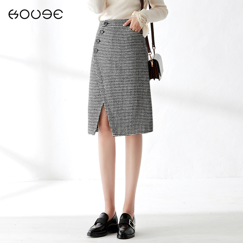 毛呢千鸟格子秋冬2020新款半身裙 蔻戈半身裙