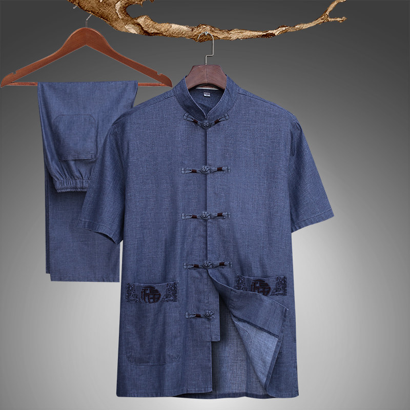 阿莫罗亚麻唐装宽松短袖套装男衬衫 阿莫罗民族服装