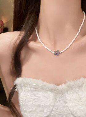 新款夏日多巴胺甜酷少女渐变海星串珠锁骨链女度假风颈链叠搭配饰