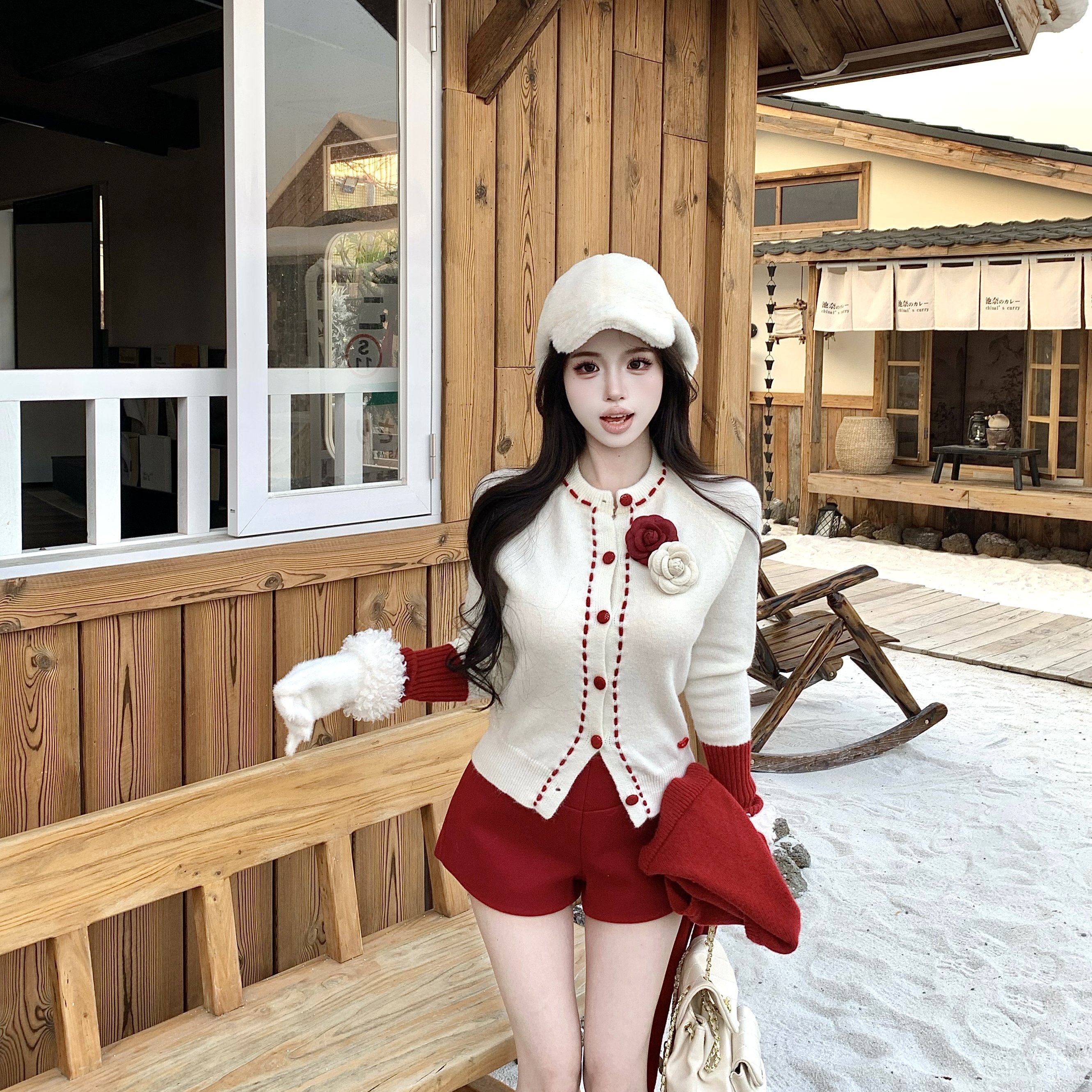 实拍 圣诞氛围感穿搭针织毛衣女红色毛呢阔腿休闲短裤女,淘宝优惠券,粉丝福利购,淘宝优惠卷