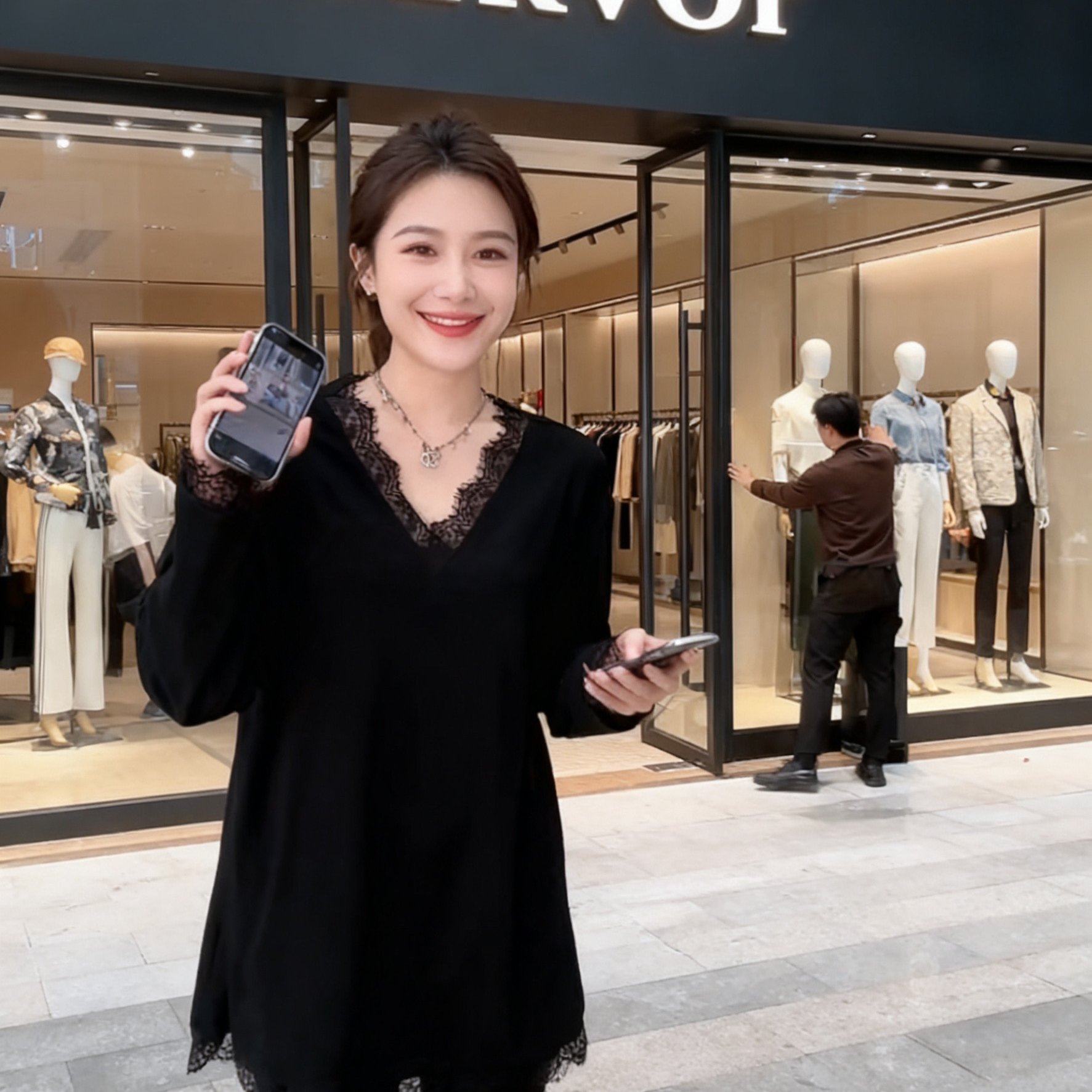 大码女装黑色蕾丝V领针织衫女秋冬宽松显瘦中长款遮肉长袖上衣,淘宝优惠券,粉丝福利购,淘宝优惠卷