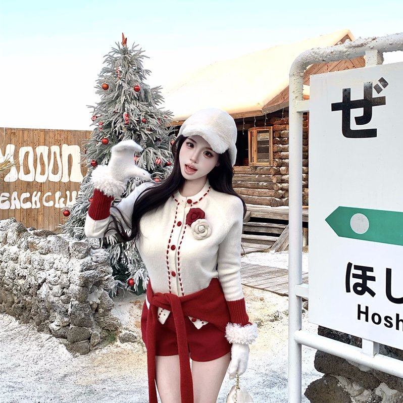 实拍 圣诞氛围感穿搭针织毛衣女红色毛呢阔腿休闲短裤女,淘宝优惠券,粉丝福利购,淘宝优惠卷