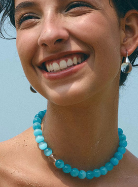 冰川蓝猫眼石项链女小众设计高级感轻奢糖果色串珠磁吸扣锁骨链