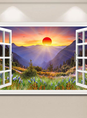 青山绿水假窗画桂林山水风景挂画玄关客厅卧室向日葵唯美自粘壁画