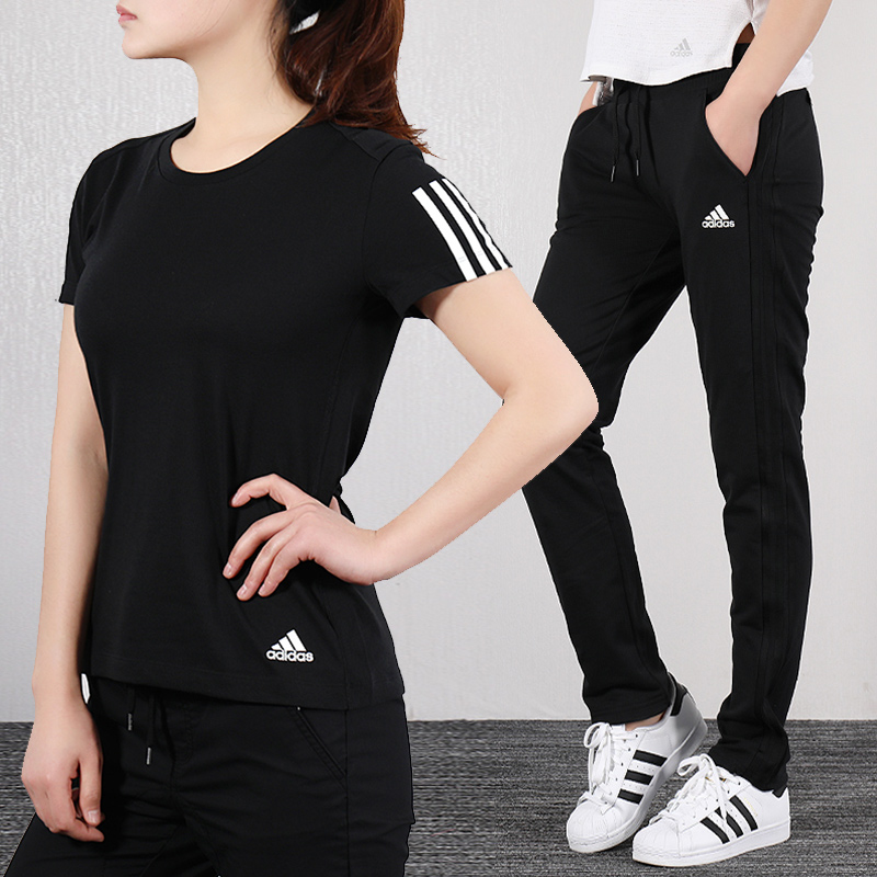 Adidas Women's Set 2020 New Sportswear Breathable Casual Short Sleeve Running Training Straight Leg Pants DZ8265