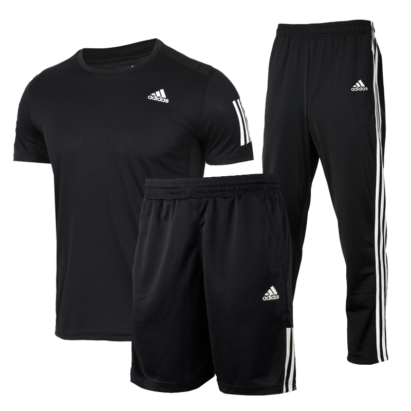 Adidas official website flagship sports set men's summer pure cotton T-shirt short sleeved shorts three piece running suit