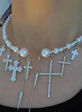 亚文化Y2K夸张甜酷开口珍珠十字架铆钉流苏项链颈链锁骨链辣妹女