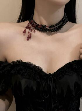 黑红暗黑哥特风血滴流苏珍珠项链cosplay万圣节锁骨链辣妹夸张酷