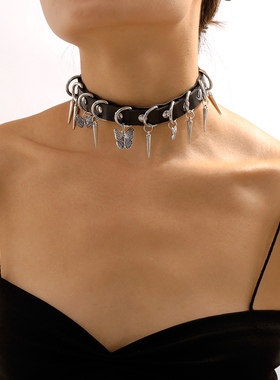 赛博朋克哥特暗黑夜店项圈choker项链颈链蝴蝶铆钉尖项圈情趣诱惑