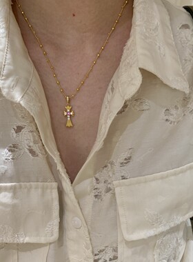 金色辣妹小红书爆款中古千禧风粉钻十字吊坠爱心贝母项链锁骨链