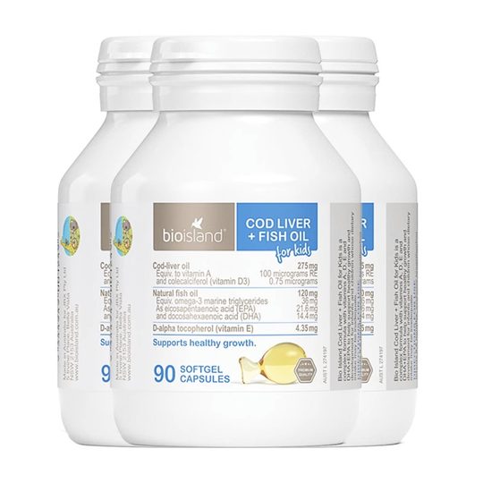 澳洲bio island婴幼儿童鳕鱼肝+鱼油宝宝DHA鱼肝油眼脑成长90粒*3