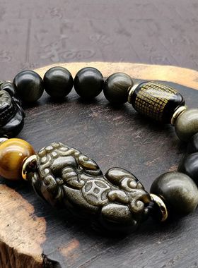 男款黑金曜石双貔貅手链招财转运
