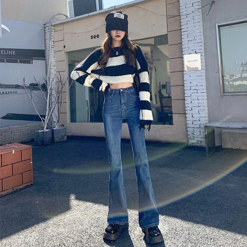 高腰微喇牛仔裤女2026春秋显瘦鱼尾裤拖地阔腿喇叭裤子黑色马蹄裤 - 图2