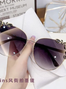 男女个性时尚彩色镶钻太阳镜金属通用网红椭圆框遮光3393当季同款