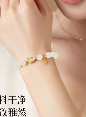 和田玉白玉圆珠手串女款葫芦配饰天然玉石玉串百搭手链手环单圈