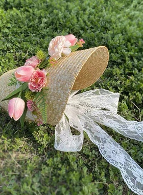 新款田园风婚纱摄影道具影楼外景拍照写真主题时尚创意粘花草帽