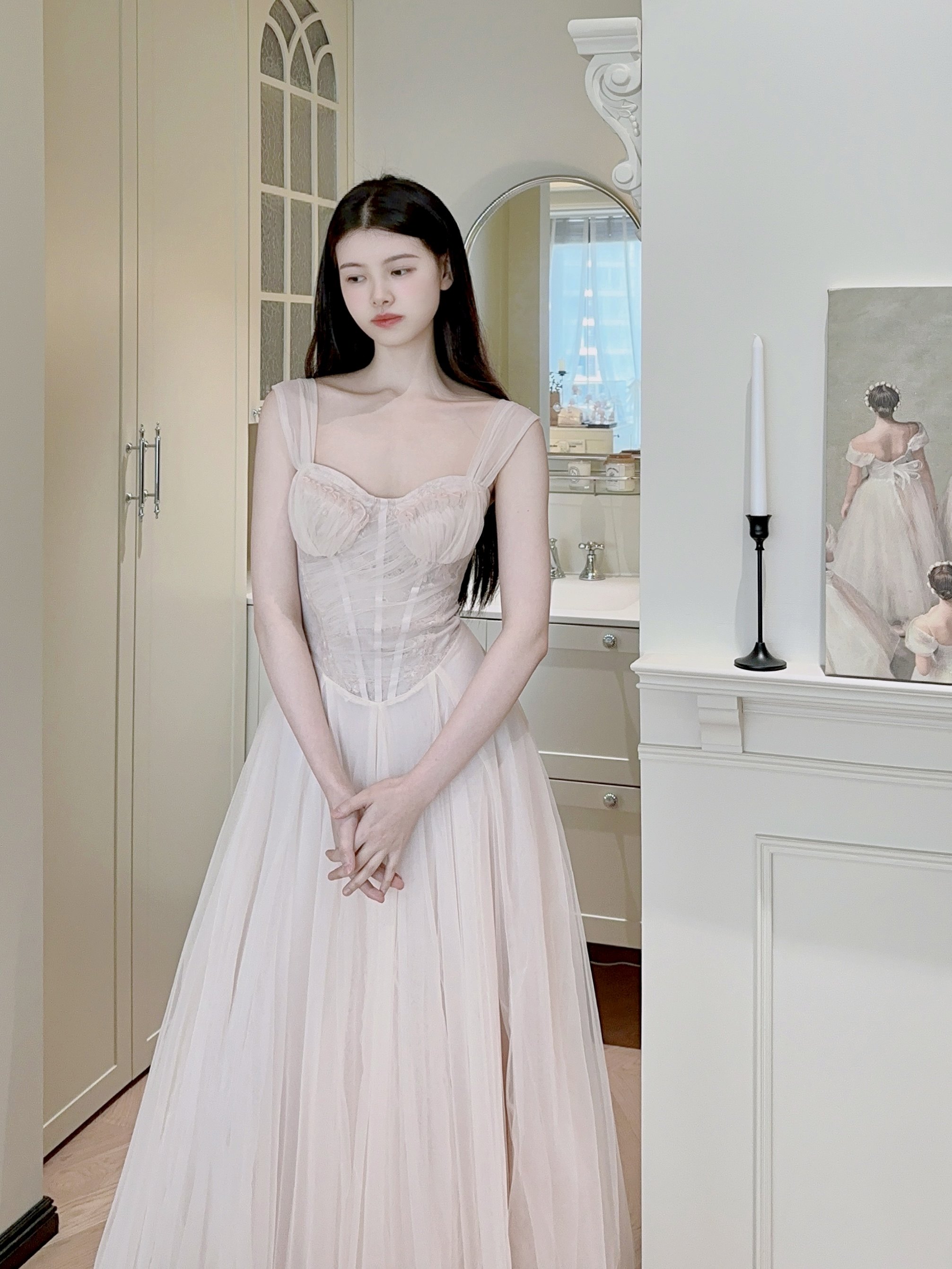 「少女手礼」法式网纱鱼骨蕾丝刺绣连衣裙吊带荷叶边礼服,淘宝优惠券,粉丝福利购,淘宝优惠卷