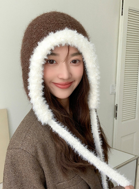 美拉德针织护耳毛绒帽子女冬季保暖雷锋帽韩版百搭显脸小包包帽子