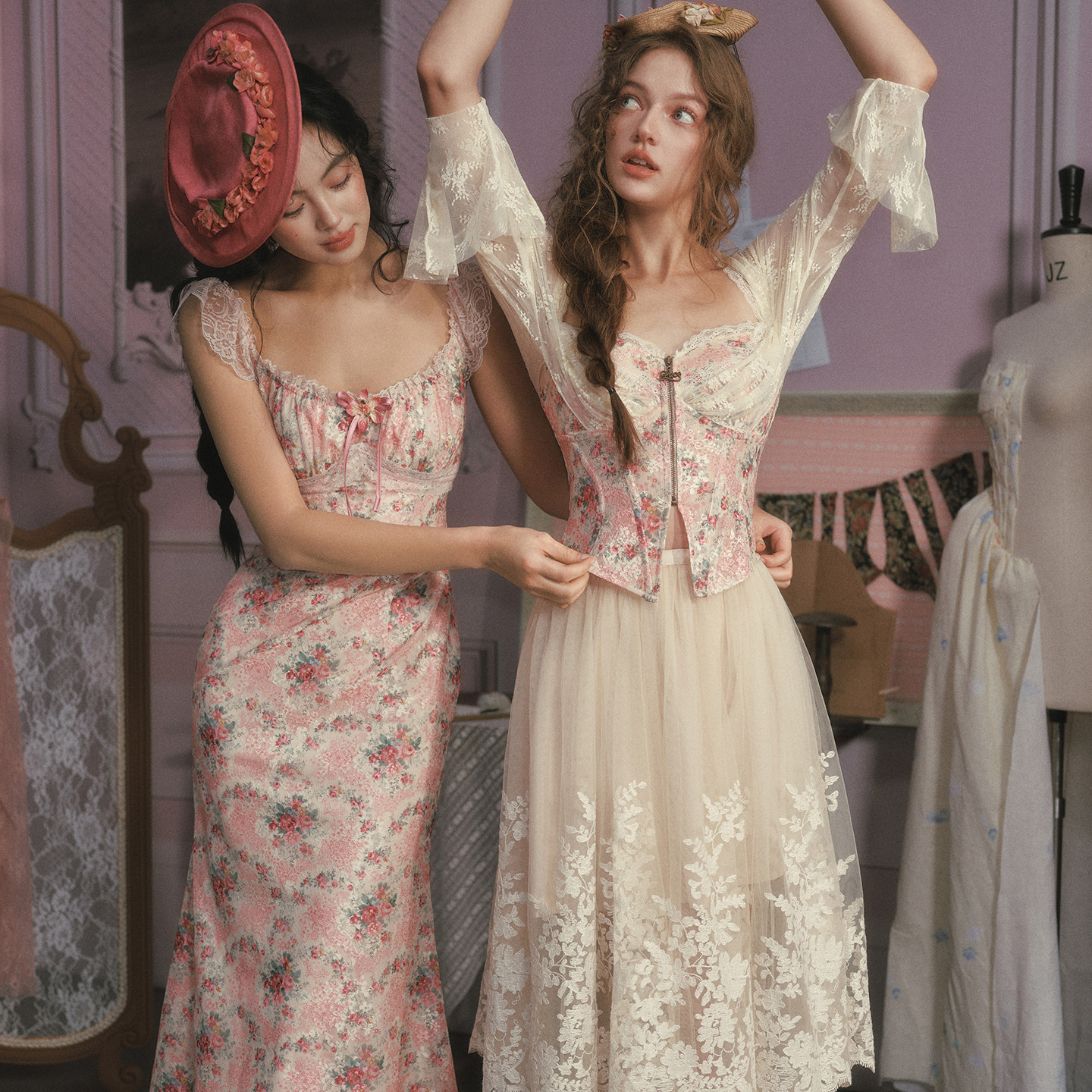 LaceMade 蔷薇音乐盒 法式复古浪漫印花鱼尾裙肌理感连衣裙印花裙,淘宝优惠券,粉丝福利购,淘宝优惠卷