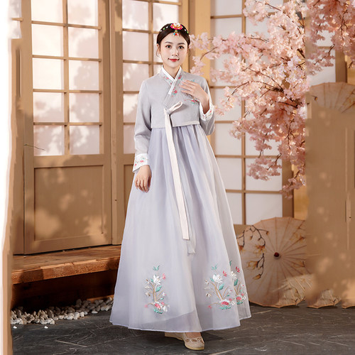 红色韩服长裙写真灰色朝鲜服装鲜族服女大长今民族舞蹈服韩国古装 - 图0