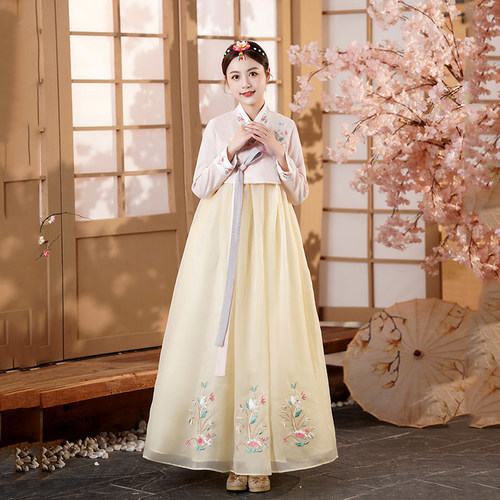 红色韩服长裙写真灰色朝鲜服装鲜族服女大长今民族舞蹈服韩国古装 - 图2