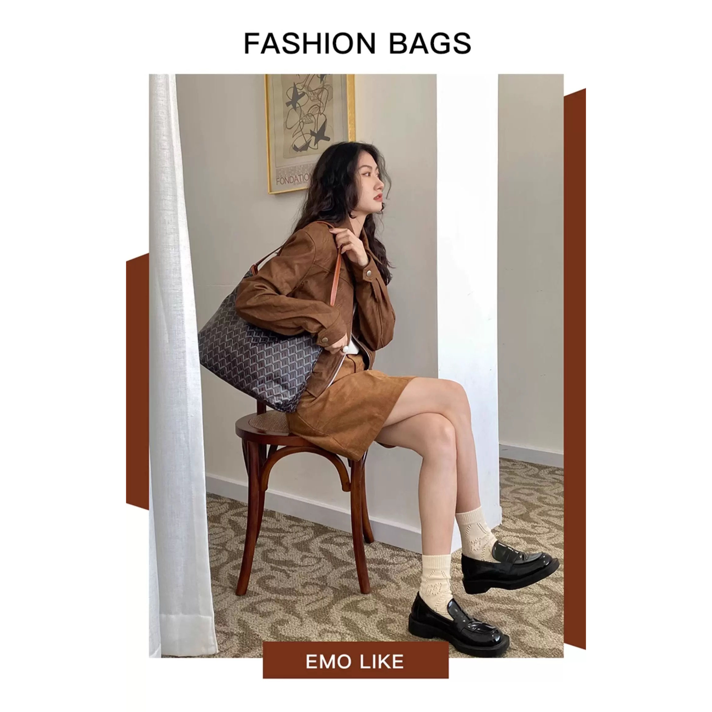 韩国EMO狗牙包流浪包HOBO包拉链休闲子母购物袋印花妈咪包托特包 - 图0