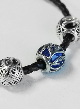 PANDORA潘多拉真皮编织手链女可调节串珠手镯饰品